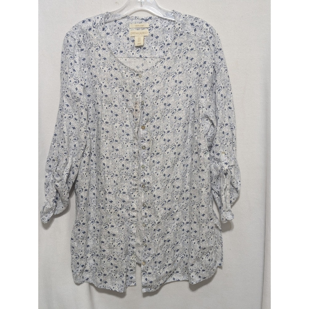 Cynthia Rowley 100% Linen Floral Button Up Shirt Blue White 1X Roll Tab Sleeve